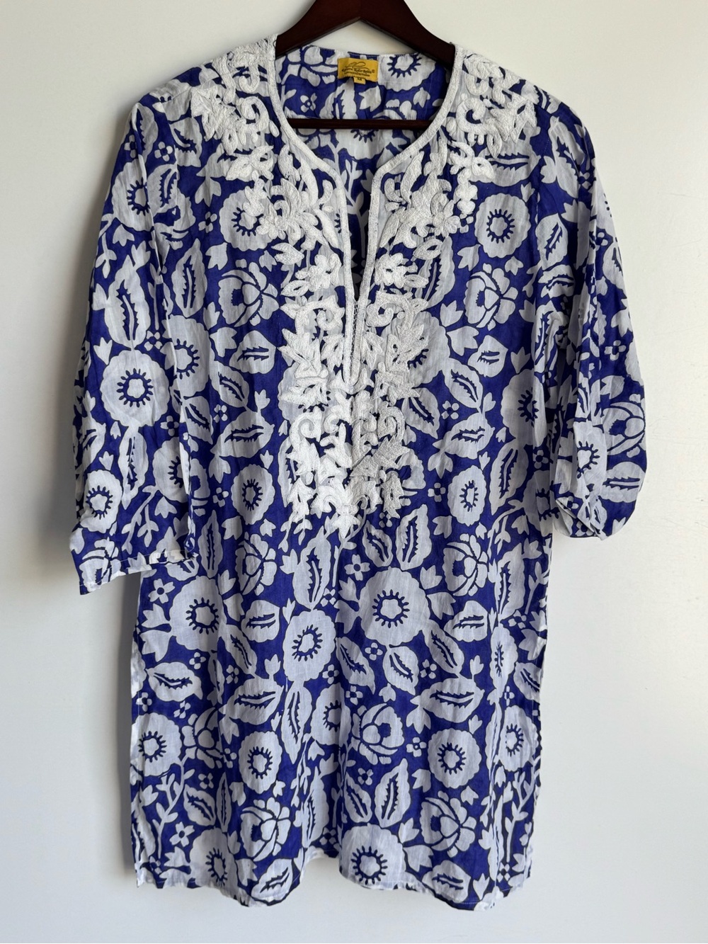 Roberta Roller Rabbit‎ Blue White Floral Embroidered Tunic Top 3/4 Sleeve Boho